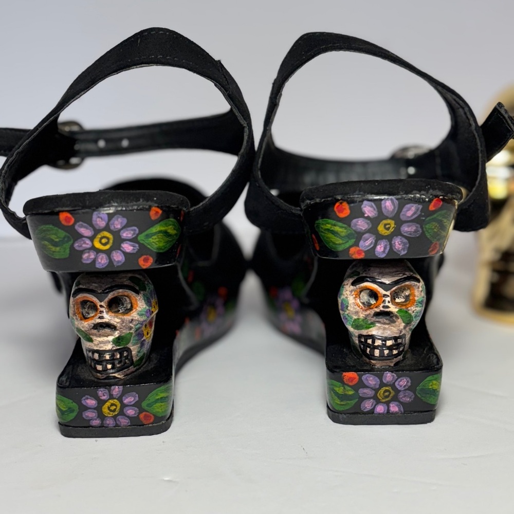 ONE OF A KIND Sugar Skull Mary Jane Handmade Wedge Platform Heel Punk Goth SZ7 - Picture 6 of 11
